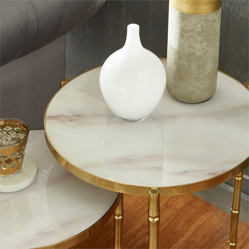 iNSPIRE Q Modern Stainless Steel & Marble Glass Nesting Table in Gold