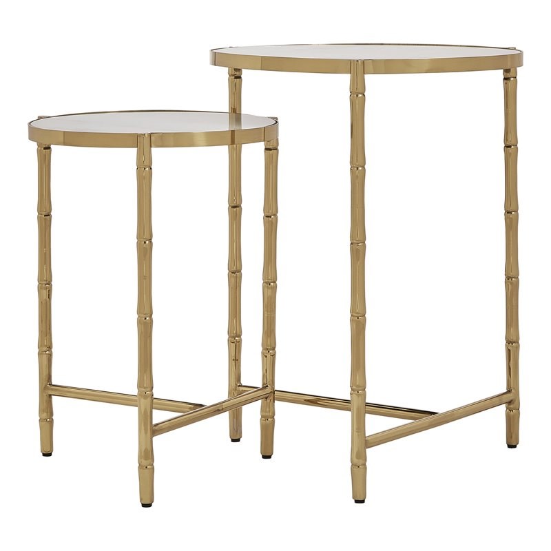 iNSPIRE Q Modern Stainless Steel & Marble Glass Nesting Table in Gold