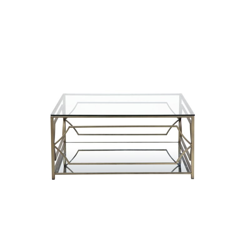 American Home Classic Edward Square Metal-Glass Coffee Table in Brushed Brass