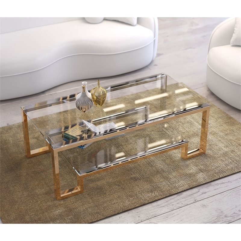 American Home Classic Laurence Metal and Glass Coffee Table in High Polish Gold