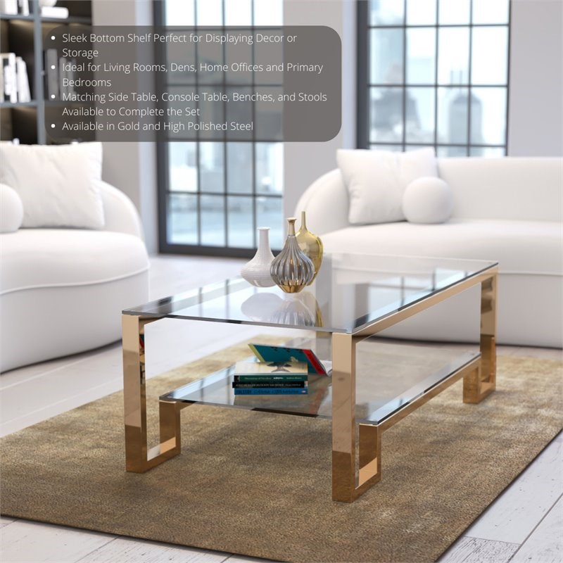 American Home Classic Laurence Metal and Glass Coffee Table in High Polish Gold