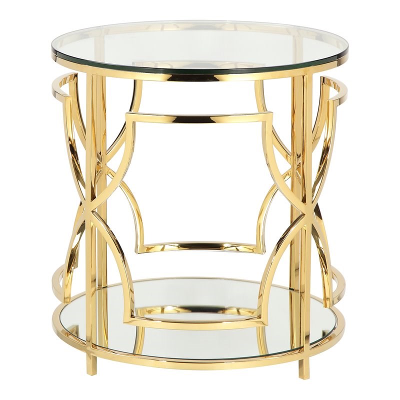 American Home Classic Edward Round Metal-Glass Side Table in High Polish Gold