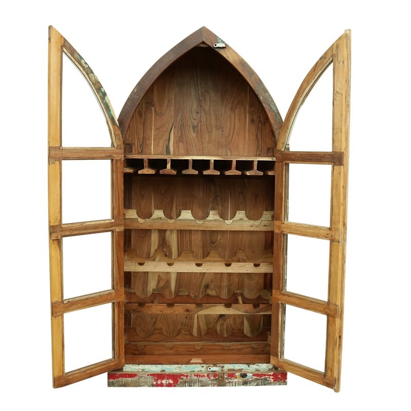 Taran Designs Hayden Coastal Recycled Wood & Glass Boat Wine Cabinet in Brown