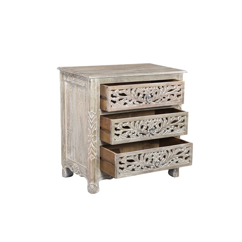 Taran Designs Monte Floral Carved 3-Drawer Wood Nightstand in Gray