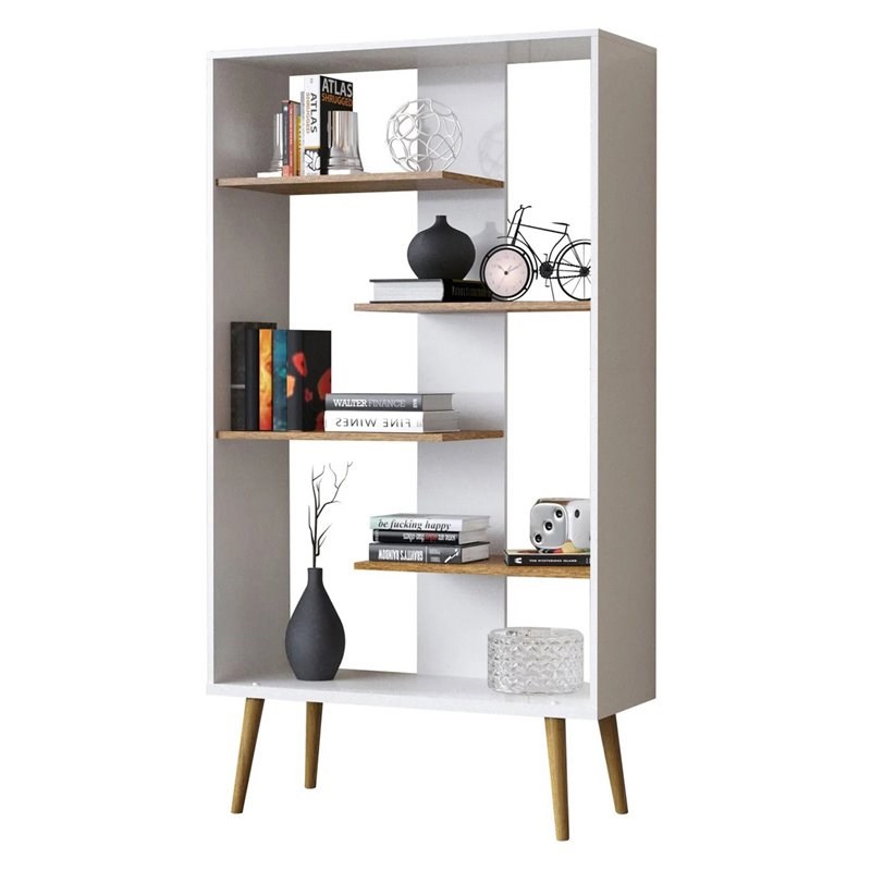 Boahaus Lund Adjustable 5-Shelf Modern Wood Bookcase in White/Brown
