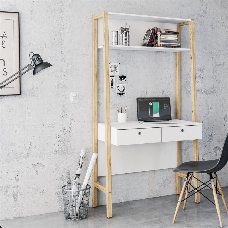 Boahaus Bangkok Modern Wood Computer Desk with Hutch in White/Pine Brown