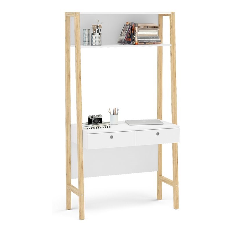 Boahaus Bangkok Modern Wood Computer Desk with Hutch in White/Pine Brown