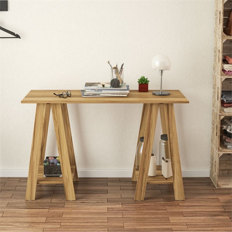 Boahaus Sepang Modern Wood Computer Desk with Open Shelves in Brown