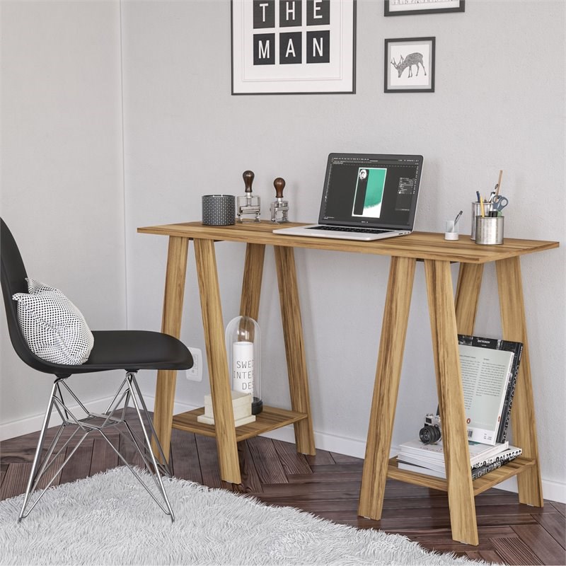 Boahaus Sepang Modern Wood Computer Desk with Open Shelves in Brown