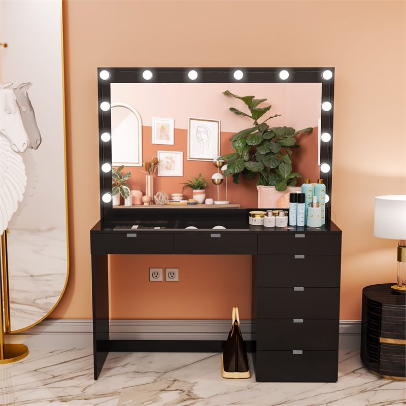 Boahaus Serena 7 Drawer Modern Wood Lighted Makeup Vanity With Mirror In Black Homesquare