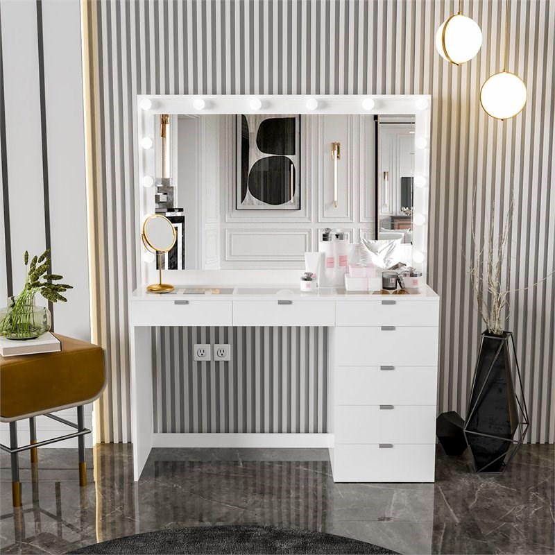Boahaus Serena 7Drawer Modern Wood Lighted Makeup Vanity with Mirror