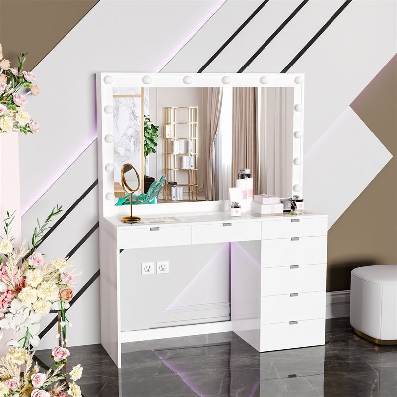 Boahaus Serena 7-Drawer Modern Wood Lighted Makeup Vanity with Mirror 