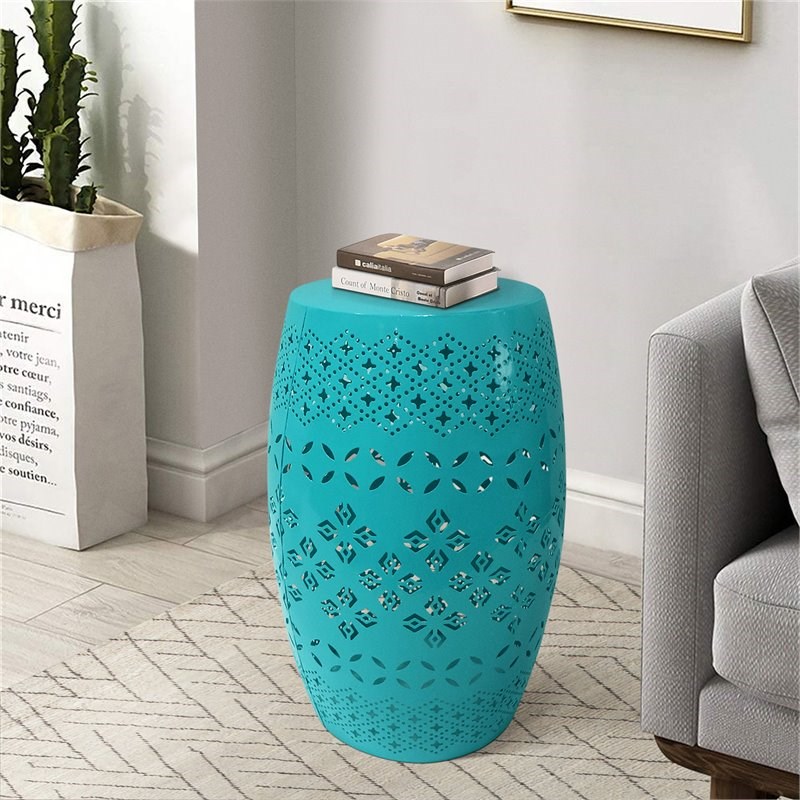 Saint Birch Punch-Out Drum Contemporary Iron Metal End Table in Blue