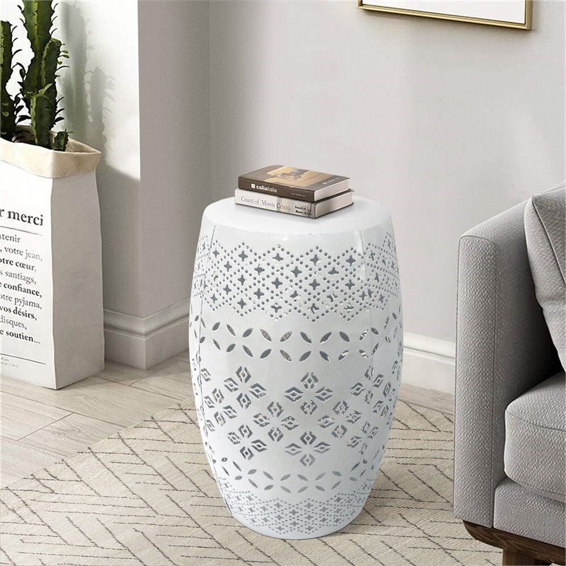 Saint Birch Punch-Out Drum Contemporary Iron Metal End Table in White