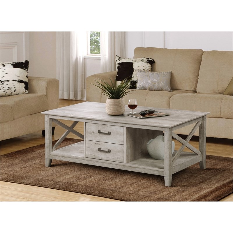 Saint Birch Honduras Wood Coffee Table With 2 Drawers in Washed Gray
