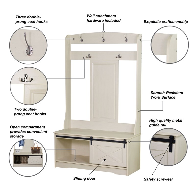 Sanit Birch Hawksbury Transitional Antique White Hall Tree and Shoe Bench Homesquare