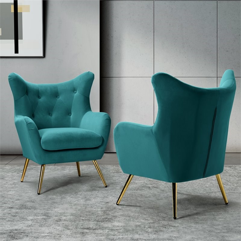 14 Karat Home Velvet Fabric and Iron Wingback Accent Chairs in Blue (Set of 2)