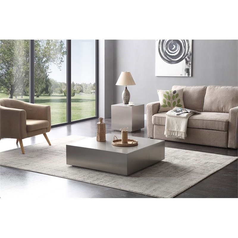 Limari Home Anvil Brushed Square Modern Stainless Steel Coffee Table in Silver