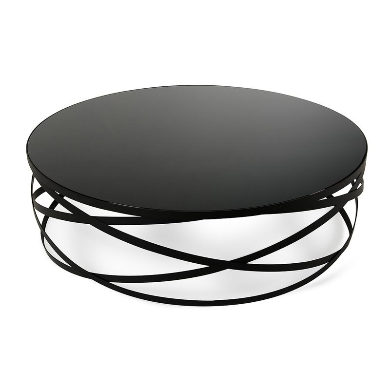 Limari Home Wixon 43" Round Modern Glass & Metal Coffee Table in Black Finish Homesquare