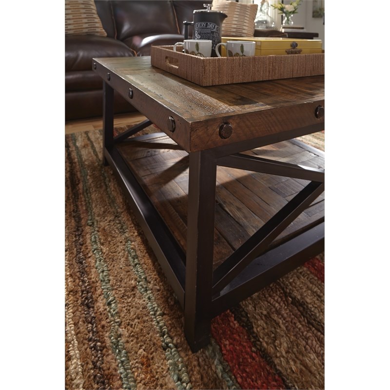 Carpenter Brown Square Coffee Table with Metal Frame and Exposed Bolt Heads