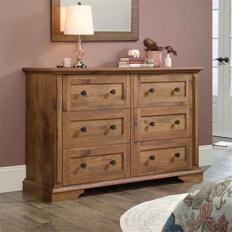 sauder new grange 6 drawer double dresser in vintage oak - 423705