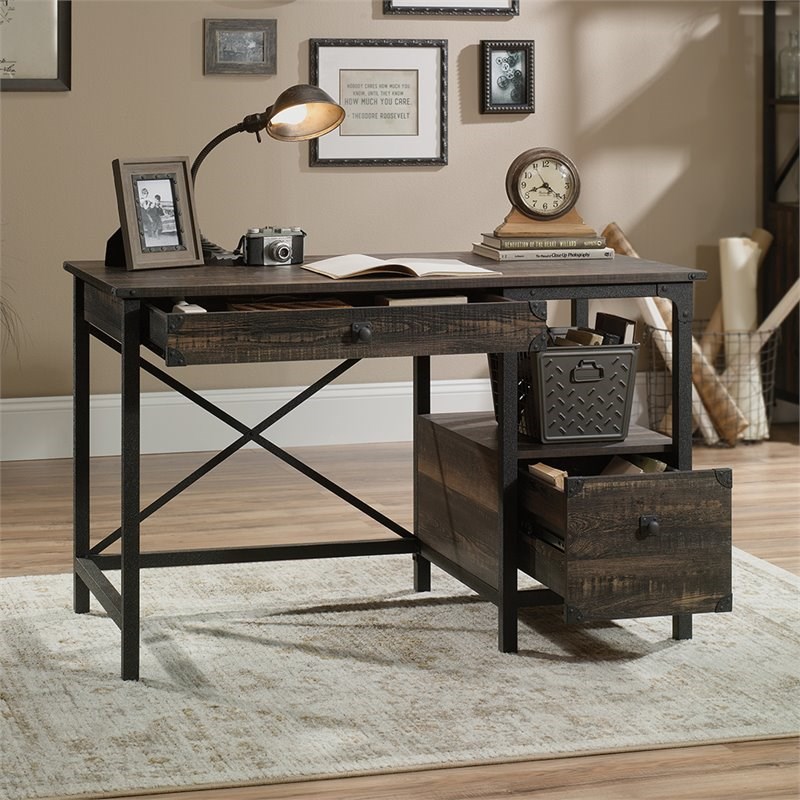 Sauder Steel River Writing Desk in Carbon Oak and Black | Homesquare