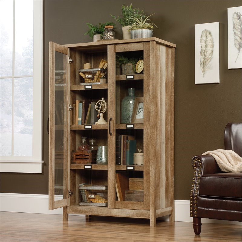Sauder Cannery Bridge Contemporary Wood and Glass Display Cabinet in Lintel Oak