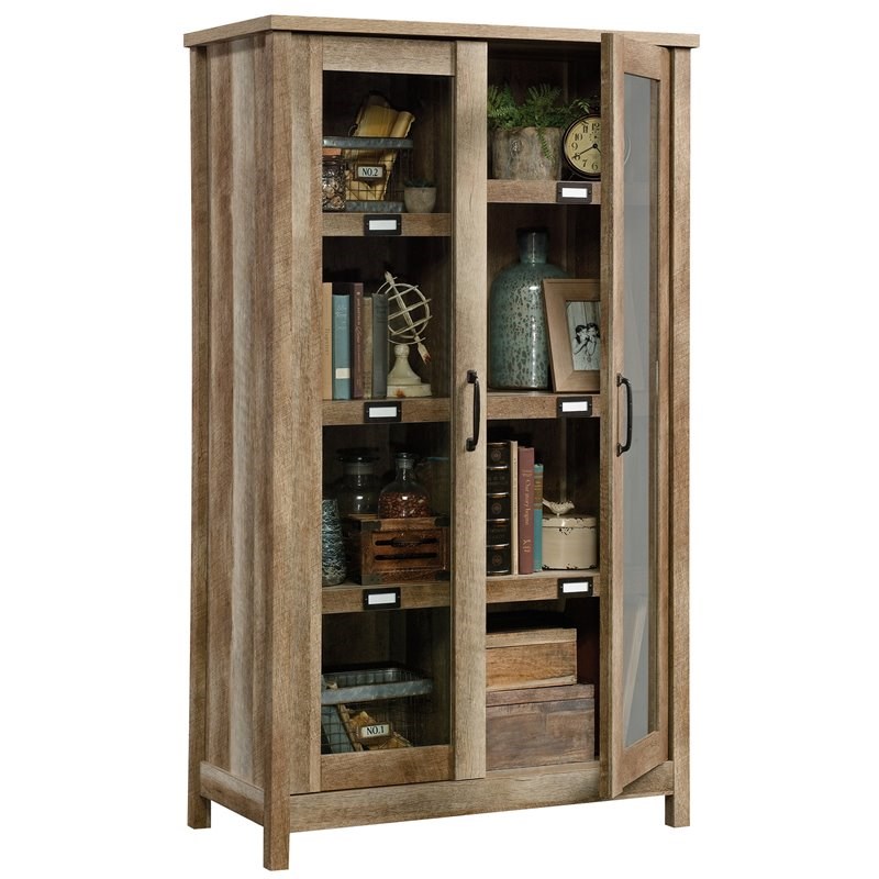 Sauder Cannery Bridge Contemporary Wood and Glass Display Cabinet in Lintel Oak