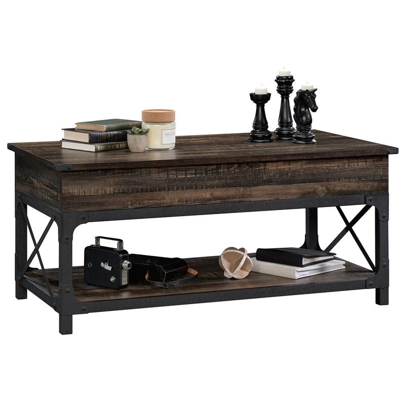 Sauder Steel River Wood and Metal LiftTop Coffee Table in Carbon Oak/Black Homesquare