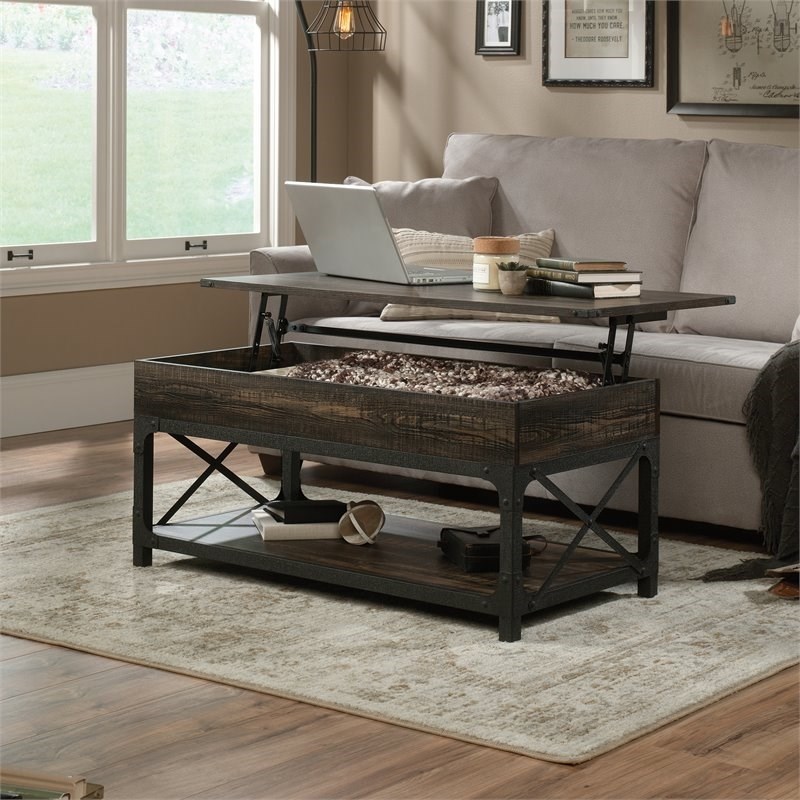 Sauder Steel River Wood and Metal Lift-Top Coffee Table in Carbon Oak/Black