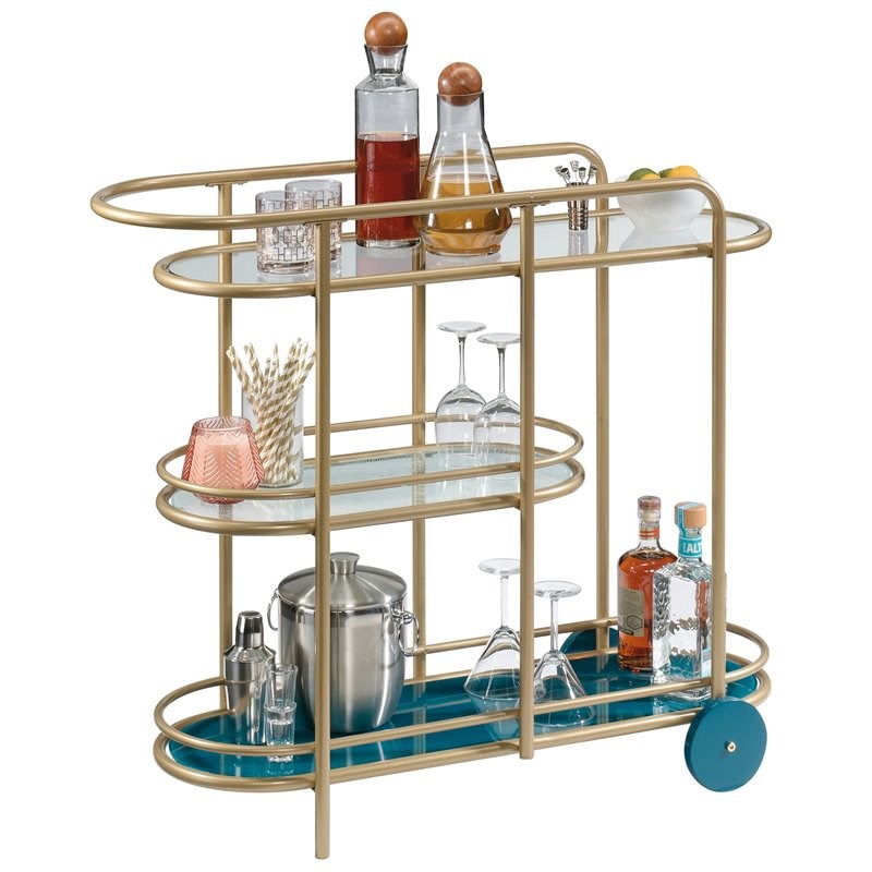 Sauder Coral Cape Modern 3-Shelf Glass and Metal Bar Cart in Satin Gold