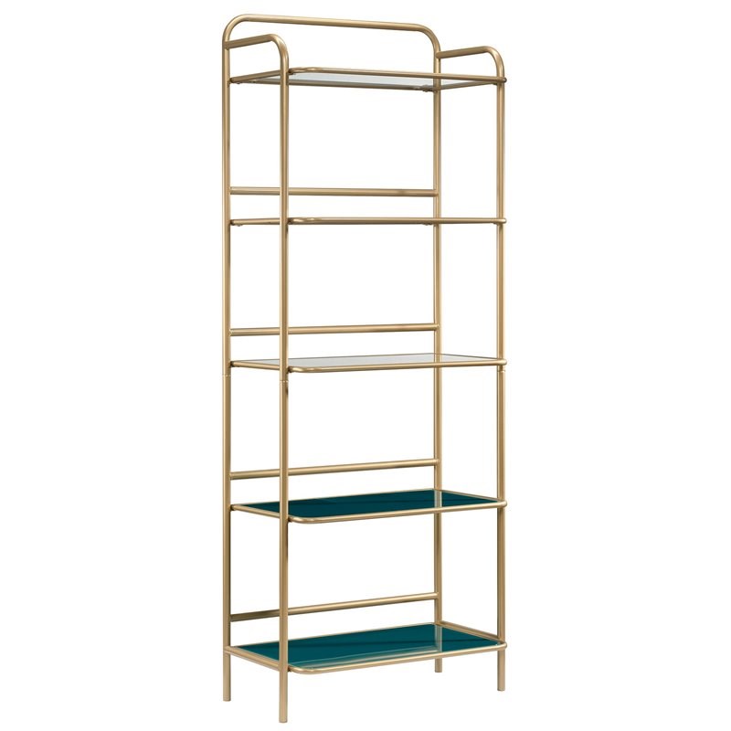 Sauder C Cape Modern 5 Shelf Glass, White And Gold Bookcase With Drawers