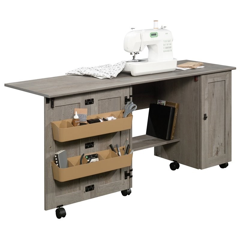Sauder Craft & Hobby Contemporary Wood Sewing Craft Table in Mystic oak