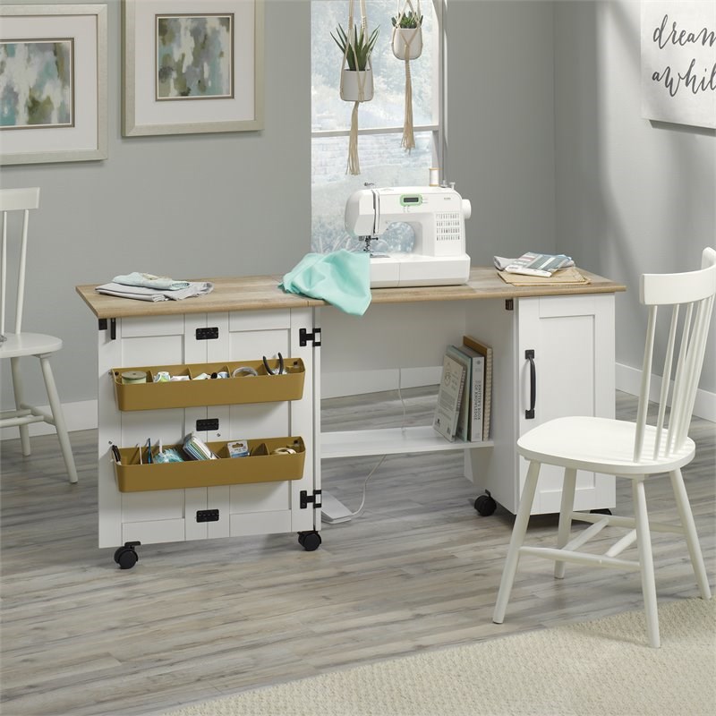 Sauder Craft & Hobby Contemporary Wood Sewing Craft Table in Soft White