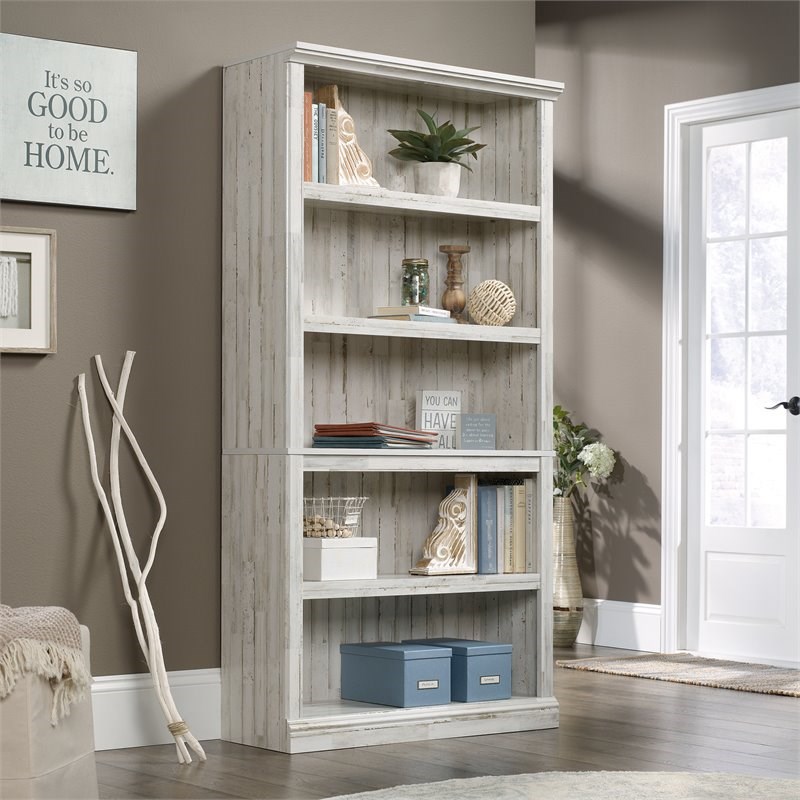 sauder misc storage 5shelf tall wood bookcase in white plank 426423