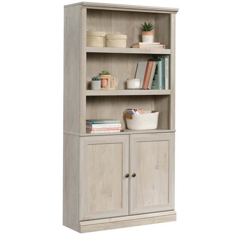 sauder misc storage 3shelf 2door tall wood bookcase in chalked