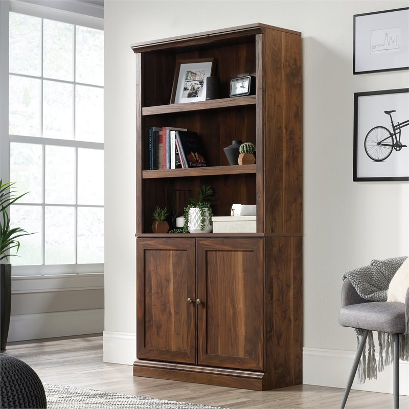 sauder misc storage 3-shelf 2-door tall wood bookcase in grand walnut ...