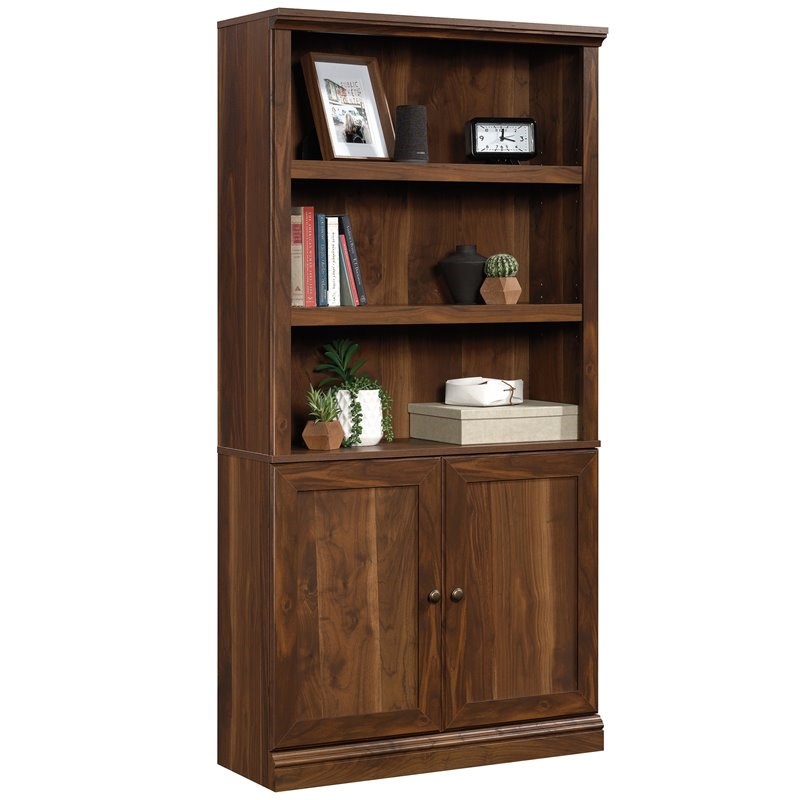 sauder misc storage 3shelf 2door tall wood bookcase in grand walnut