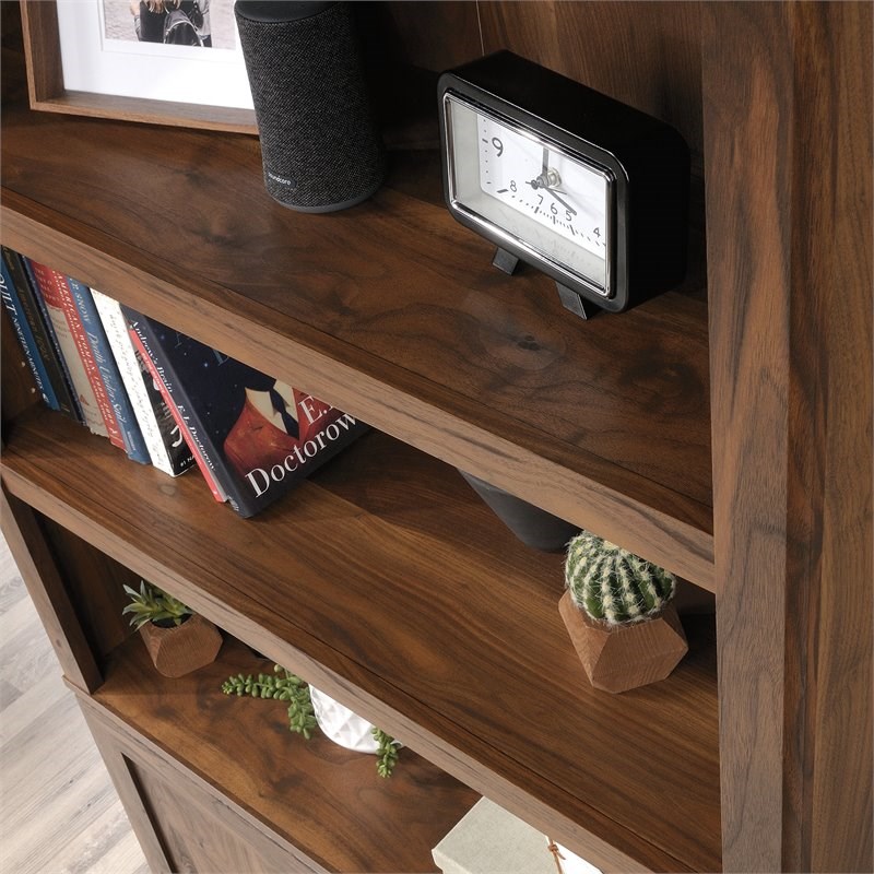 sauder misc storage 3shelf 2door tall wood bookcase in grand walnut