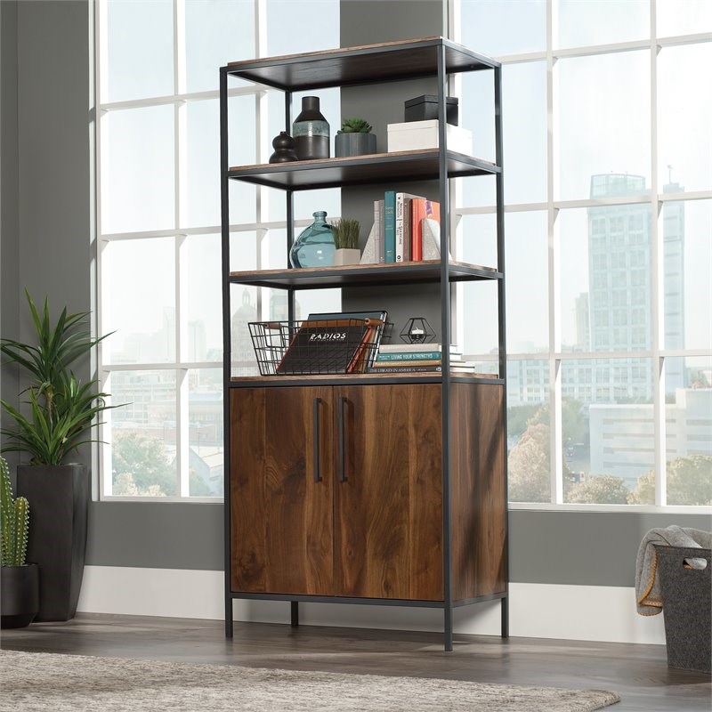 sauder nova loft engineered wood and metal bookcase with doors in grand walnut 425510