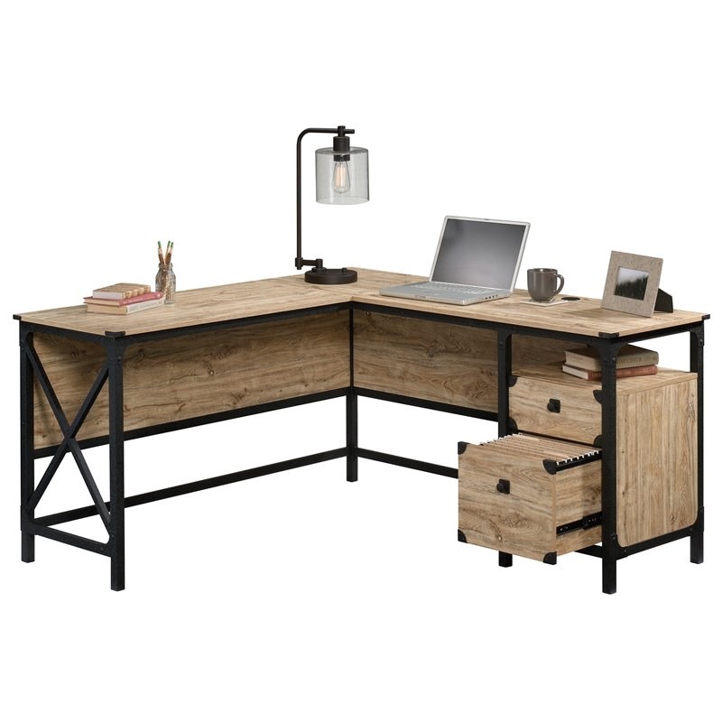 Sauder Steel River Engineered Wood and Metal LShaped Desk in Milled