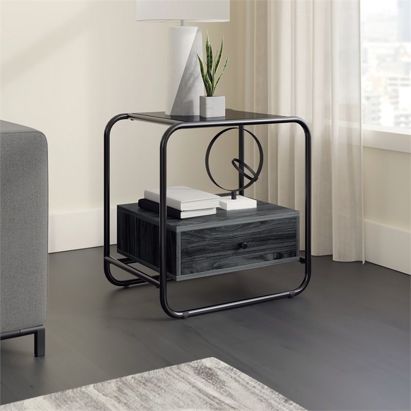Sauder Metro Pike Industrial Glass Top Metal End Table in Misted Elm