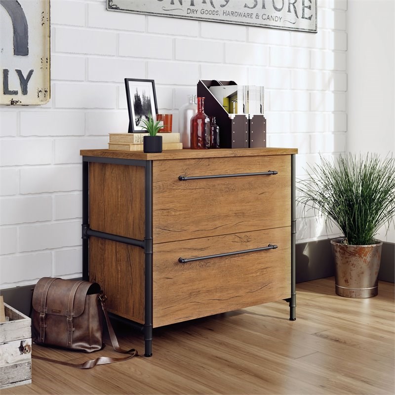Sauder Iron City 2 Drawer Wooden Lateral File Cabinet in Checked Oak