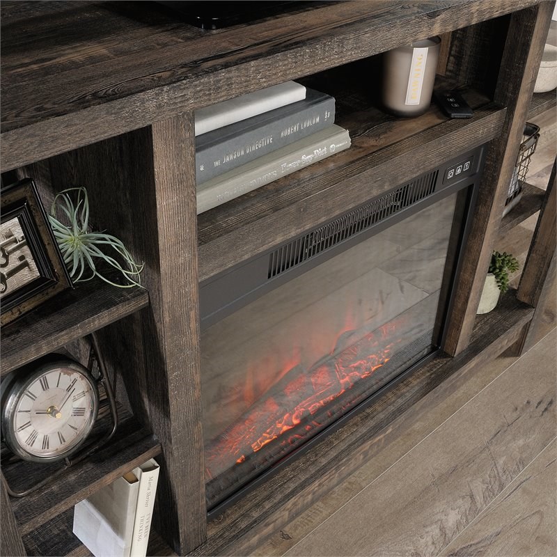 Sauder Wooden Fireplace Credenza TV Stand in Cartbon Oak