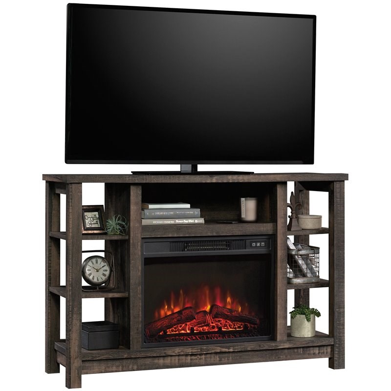 Sauder Wooden Fireplace Credenza TV Stand in Cartbon Oak
