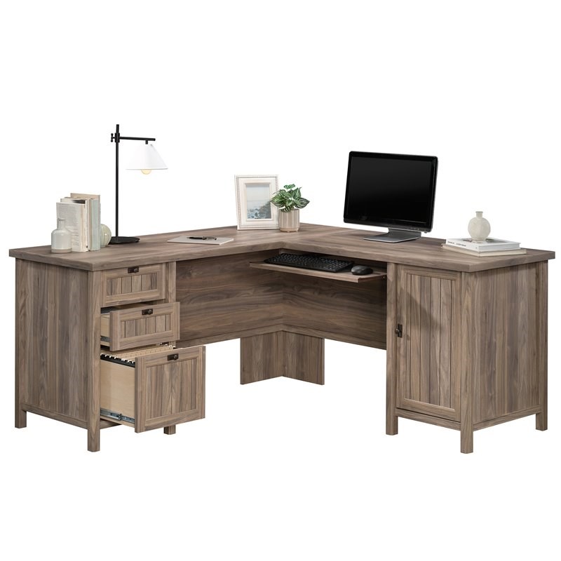 Sauder Costa Engineered Wood L Shaped Home Office Desk In Washed Walnut 428728