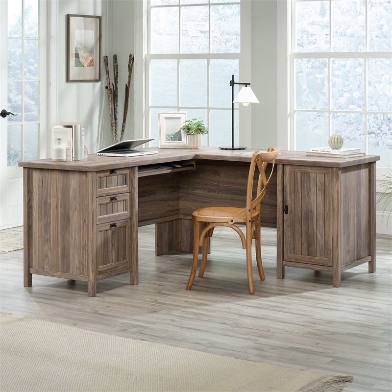 sauder costa engineered wood lshaped home office desk in washed walnut