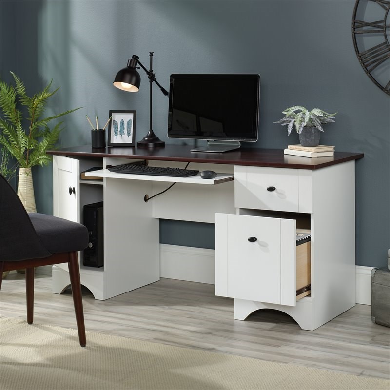 sauder select simple wooden computer desk in soft white and cherry - 429449