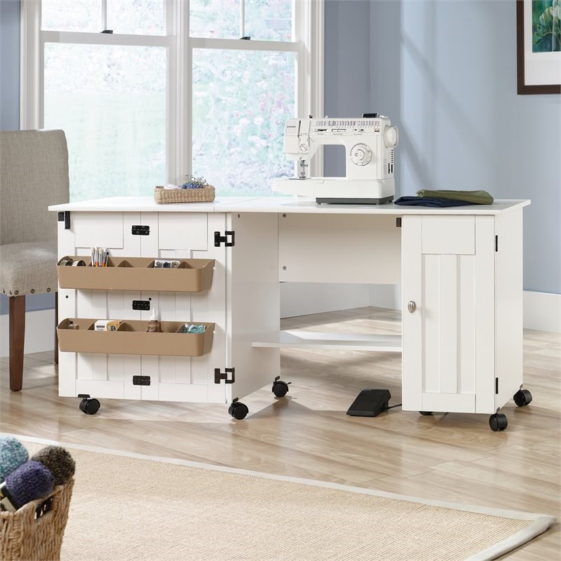 Sauder Engineered Wood Drop-Leaf Sewing or Craft Table in Soft White
