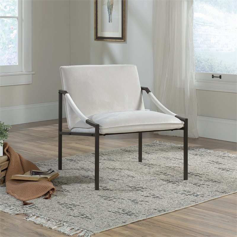 Sauder Dakota Pass Velvet Upholstered Accent Chair in Cream Homesquare